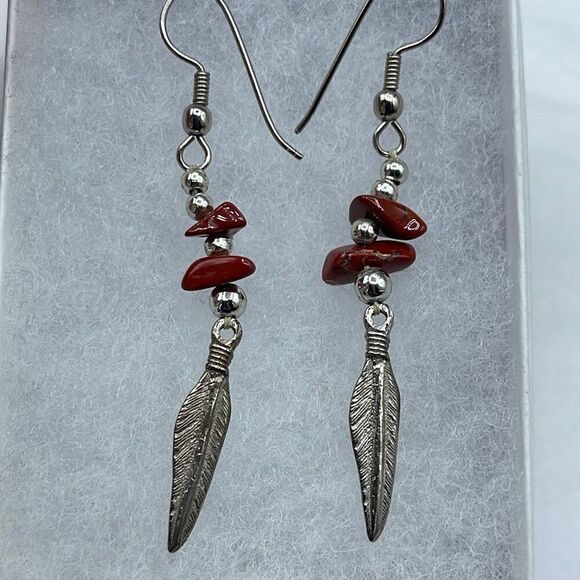 Red Jasper & sterling earrings with feathers - Picture 1 of 7